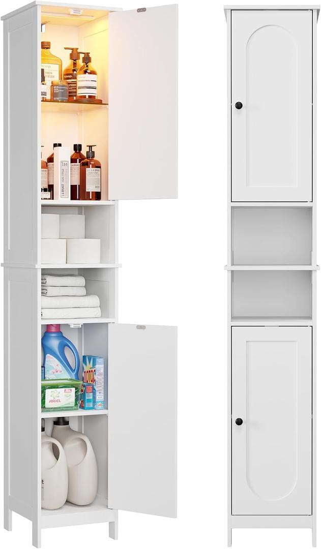 HAIOOU 67" Tall Bathroom Storage Cabinet with Light,11.8"W Narrow Bathroom Cabinet with Adjustable Glass Shelves,Slim Freestanding Cabinet for Small Spaces,Skinny Cabinet for Kitchen,Living Room white, 11.8"W*11.8"D*66.9"H