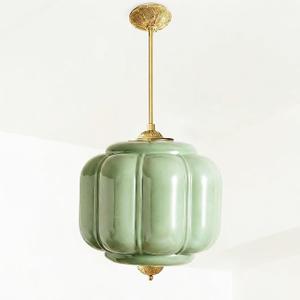 YESIDS Antique Black Milk Glass Ceiling Light Fixture - 9.8 Inch Vintage Semi Flush Mount Pendant Light for Kitchen, Hallway, Bedroom, Dining Room, Color: Green and gold