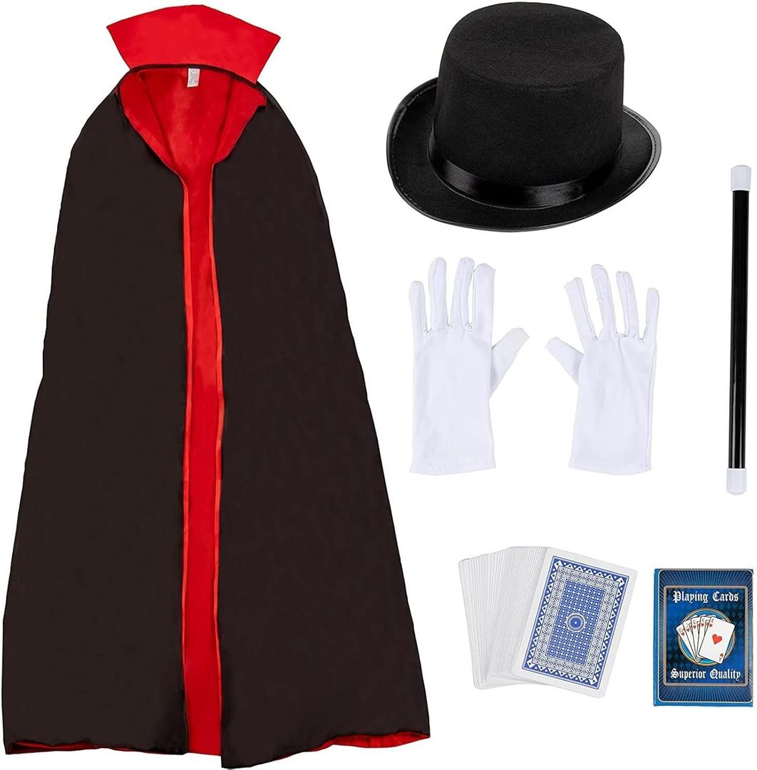 Magician Costume for Halloween, Includes Hat, Gloves, Wand, Cape, and Playing Cards (Adult Size, 5 Pieces)