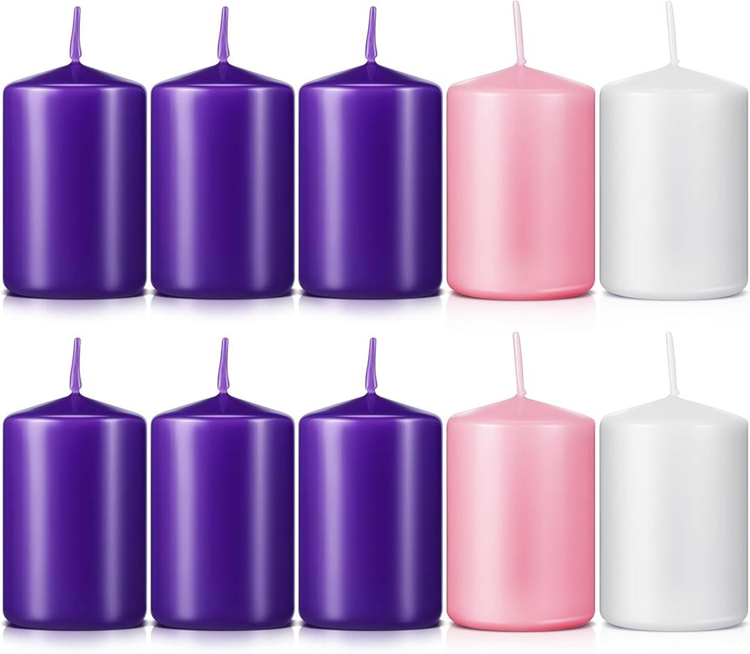 Amylove 10 Pcs 2 x 3 Inch Advent Pillar Candles Set Pink Purple Christmas Unscented Lasting Burning Church Candles for Advent Wreath Holiday Gifting