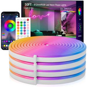 Neon Rope Lights, 50FT RGB Led Strip, Waterproof IP67, DIY Design, Music Sync, 44 Keys Remote Control, Multiple Modes, for Living Room, Bedroom, Holiday Decoration (Multicolor)