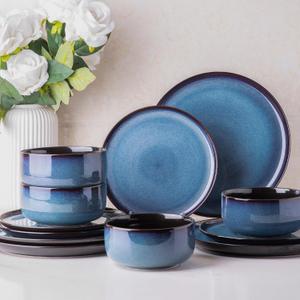 LeRatio Ceramic Dinnerware Sets for 4,Porcelain Plates and Bowls Sets,Handmade Reactive Glaze Dishes Set,Chip Resistant and Scratch Resistant | Oven&Dishwasher & Microwave Safe,Service for 4-Blue