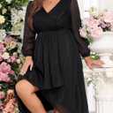 Talisea Plus Size Cocktail Dress - Formal Wedding Guest Fall Long Sleeve A Line Pleated V Neck Midi Dresses for Curvy Women (Black), 14W