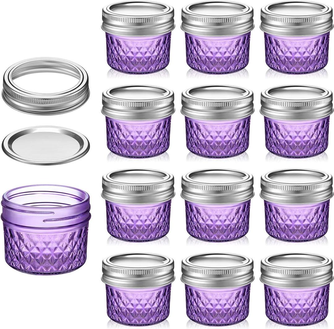 Zhehao 12 Pack 4 oz Mason Jars with Lids Mini Regular Mouth Canning Jelly Honey Jars for Wedding Shower Favors DIY Projects Candle Holding Spice Jam Fruit Smoothie Salad Dressing Ketchup (Purple)