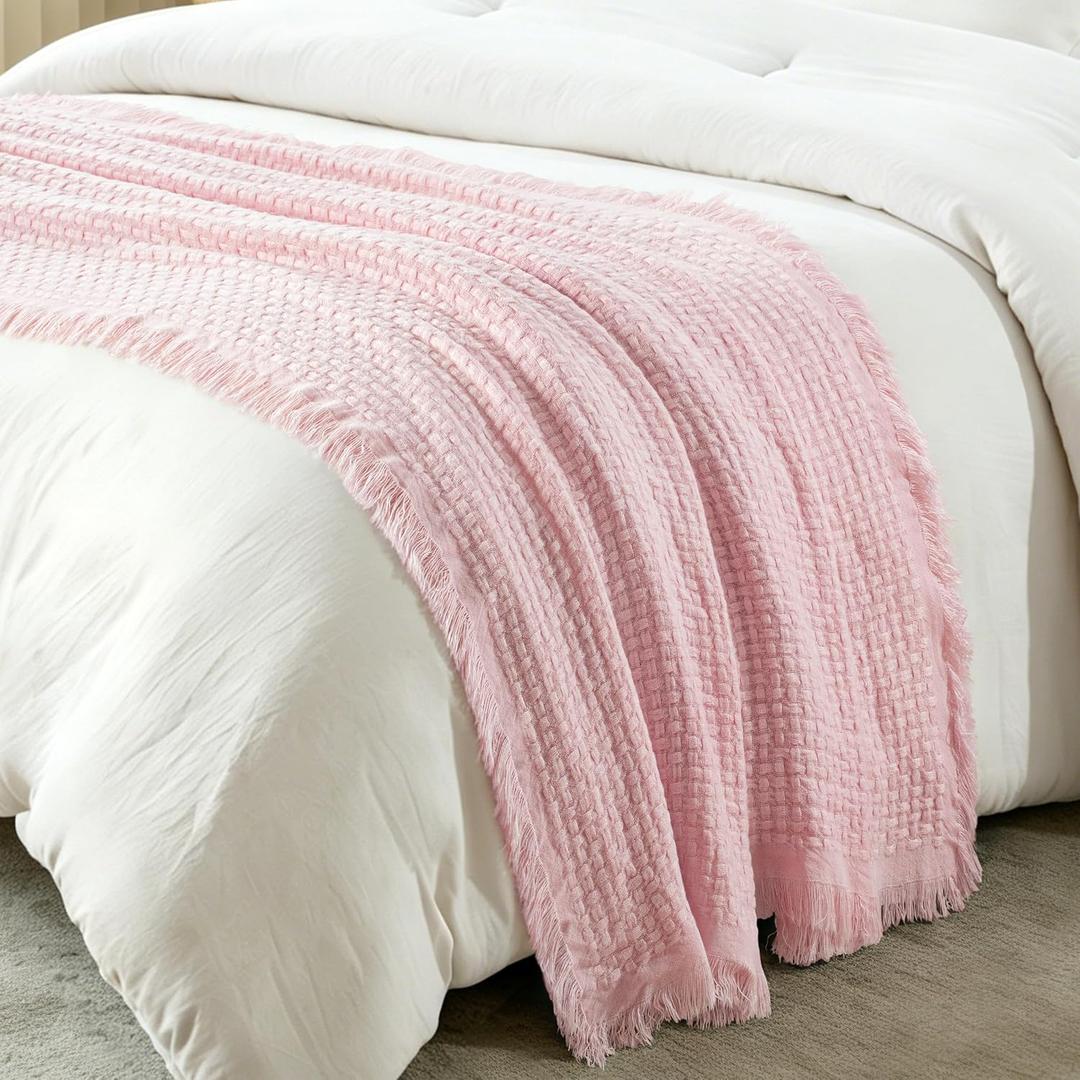 Exclusivo Mezcla Knit Throw Blanket with Fringes for Couch, Reversible Super Soft and Warm Woven Throw for Summer, Home Decor, 50"x60", Light Pink