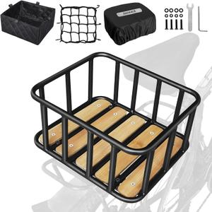 RAYMACE Bike Basket Rear, Bamboo Base Bicycle Basket with Rainproof Cover, Liner & Cargo Net, Large Capacity Rear Bike Rack Baskets Fits Most Bikes & E-Bike