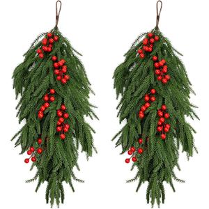 2 Pcs Christmas Teardrop Swag - Christmas Door Swags Faux Pine Cedar Teardrop Wreath with Red Berry for Window Wall Home Indoor Outdoor Xmas Decor