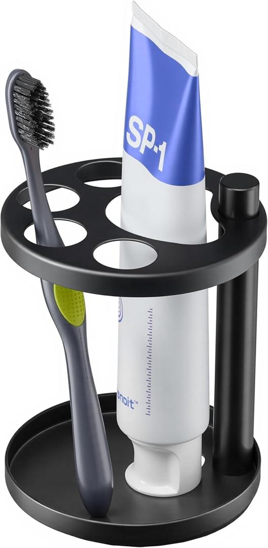 Metal Toothbrush Holder Stand for Bathroom: Stainless Steel Ventilated Organizer with Slots for Electric Toothbrushes, Toothpaste, Razors & Small Comb, Unique Footprint Base Design, Black (Black)