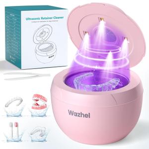 Ultrasonic Retainer Cleaner Machine, 45kHz Dental Cleaning Pod for Denture, Mouth Guard, Night Guard, Aligner, Braces, Toothbrush, 200ML Denture Cleaner with Digital Timer & 4 Modes, Pink