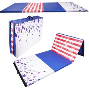 Fitvids Folding Exercise Gymnastics Mat 4'x8'x2" Gym Workout Mat with Carrying Handles High-Density Anti-Tear Portable Fitness Aerobics Mats for Home Gym Yoga Pilates Tumbling MMA Core Training, Multiple Colors (Star-Stripe)