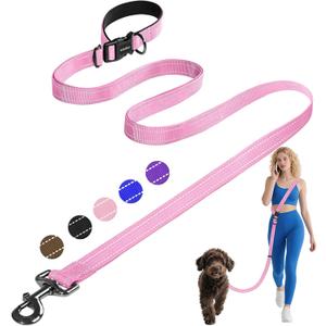 Kazazoo Hands-Free Dog Leash Adjustable Length 5-8 Ft, Waist for Dog Walking, Running for Small &Medium Dogs with Reflective Strips, Ballistic Nylon, Waist Belt, Lightweight Pink