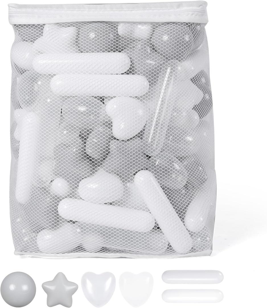 STARBOLO Ball Pit Balls for Baby and Toddler, 150 200 Pack White Mixed Shaped Balls Phthalate Free BPA Free Crush Proof Plastic Pit Balls Play Toys for Kids Ball Pit, Pool,Play Tent,Party (Gray+white+transparent;Stars+balls+hearts+long balls)