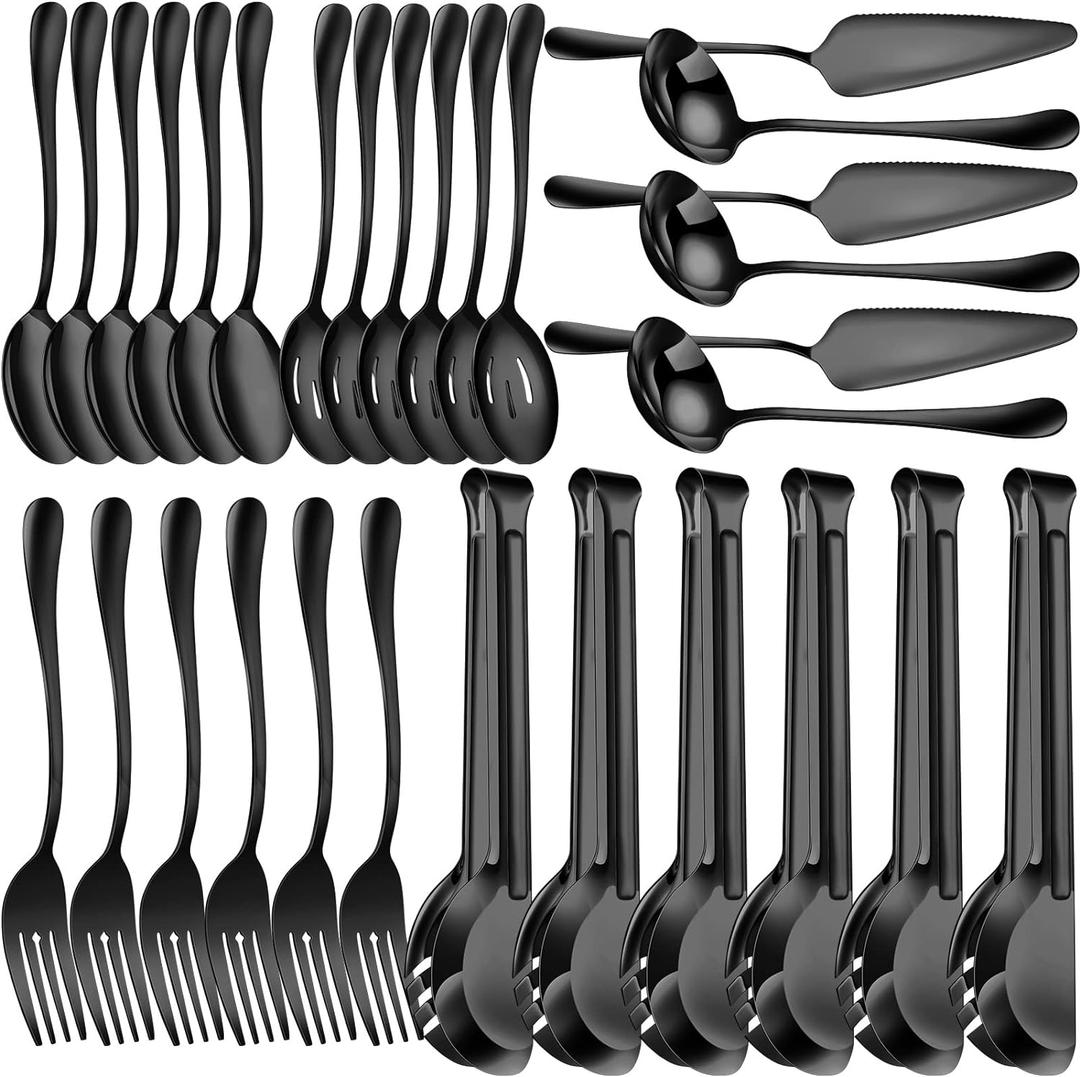 Thenshop 30 Pcs Stainless Steel Serving Utensils Set Flatware Set Include Large Serving Spoons Slotted Spoons Forks Soup Ladle Pie Server and Tongs for Buffet Party(Black)