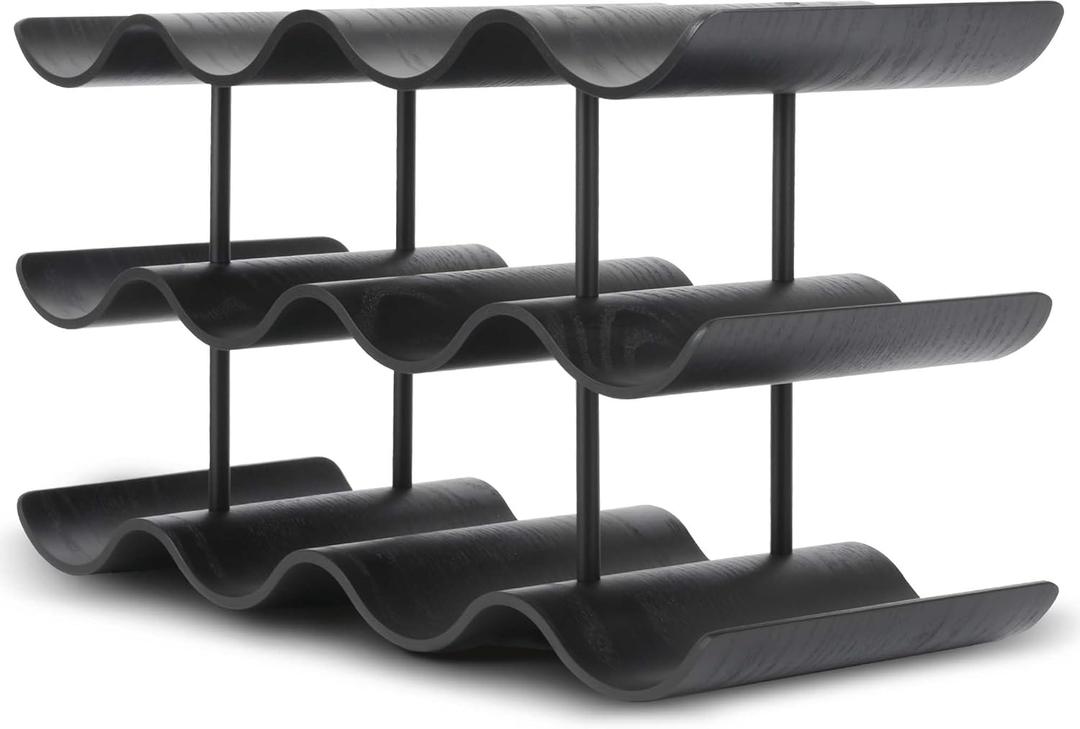 Countertop Wine Rack - 12 Bottle Freestanding Wine Bottle Holder Stand - 3 Tier Wooden Wine Storage Rack - Black Wavy Wine Organizer for Cabinet Pantry Home Kitchen Bar