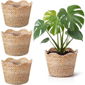 4 Pcs Large Seagrass Planter Basket with Plastic Lining Wicker Planter Basket Weaved Baskets for Plants Laundry Baskets Plant Container Straw Flower Pot for Indoor Outdoor Plants