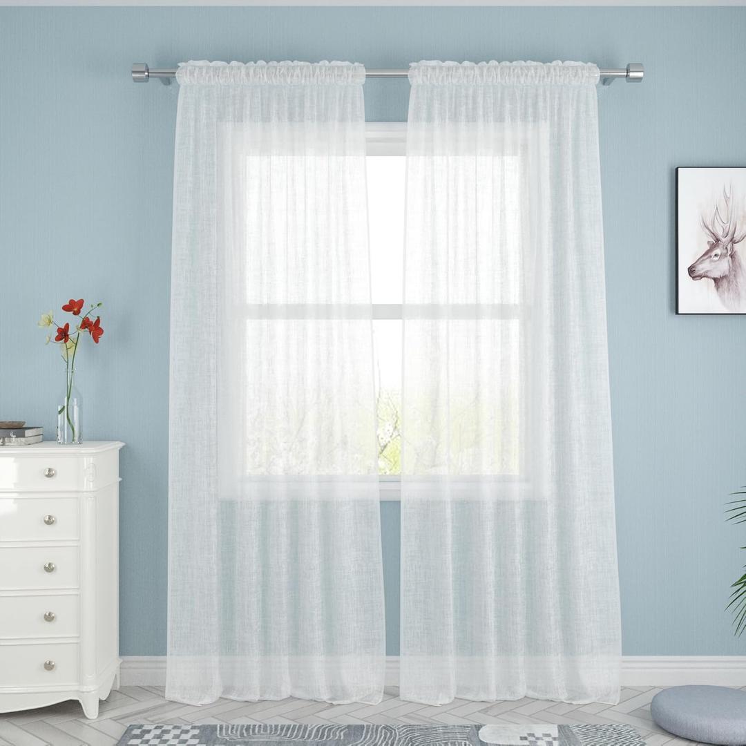 UPOPO White Sheer Curtains 92 inches Long Living Room Kitchen Dining Curtain Sheers 2 Panels Voile Transparent Bedroom Drapes Linen Textured Rod Pocket Window Treatment Set 42"X92"