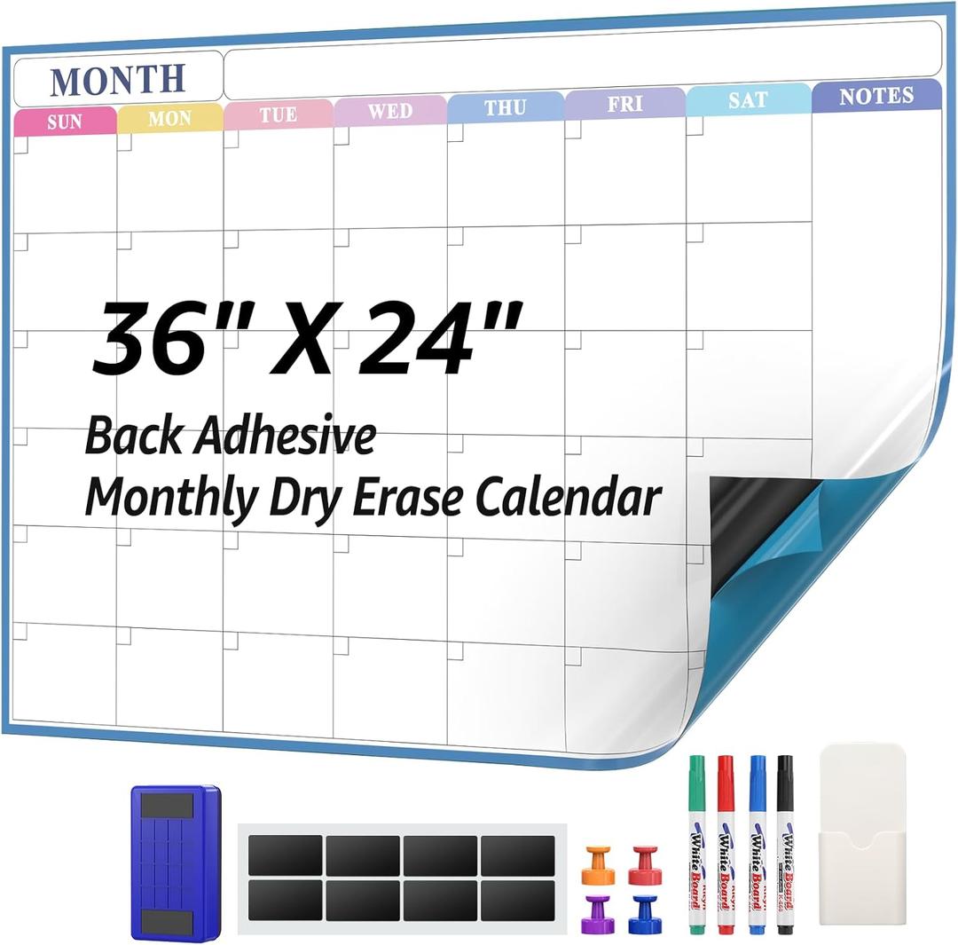 MaxGear Large Dry Erase Calendar for Wall,Self-Adhesive Wall Calendar White Board with 4 Dry Erase Markers, 1 Eraser, 4 Magnets, 1 Marker Holder for Office Home School (Macaron Monthly, 36" x 24")