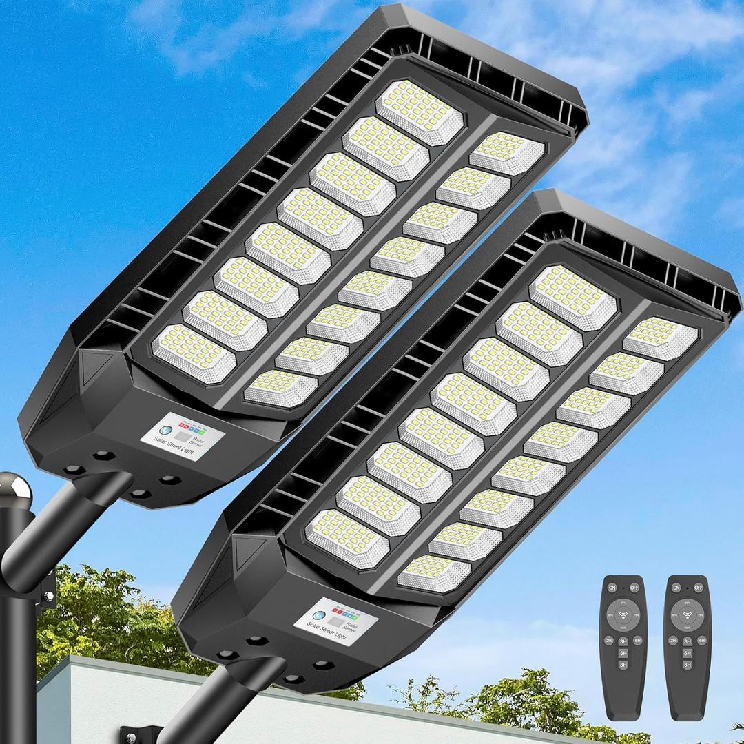 Solar Lights Outdoor 8000W, Solar Street Lights Outdoor IP67 Waterproof, 480 LED Security Flood Light 7000K Street Light 300000LM with Motion Sensor & Dusk to Dawn for Pathway & Yard, 2 Pack