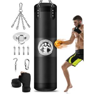 Punching Bag for Adults, 4FT PU Heavy Boxing Bags with Chain Ceiling Hook, Hanging Boxing Bag for Kickboxing Muay Thai Karate Judo Taekwondo Home Gym Training, Unfilled