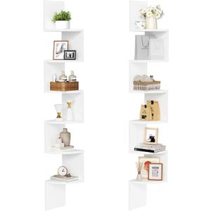HOOBRO Corner Shelf Wall-Mounted, Set of 2 Floating Corner Shelves for Wall, 6-Tier Corner Bookshelves for Living Room, Bedroom, Bathroom, Home Office, White WT27BJP201 (57.9 Inches)