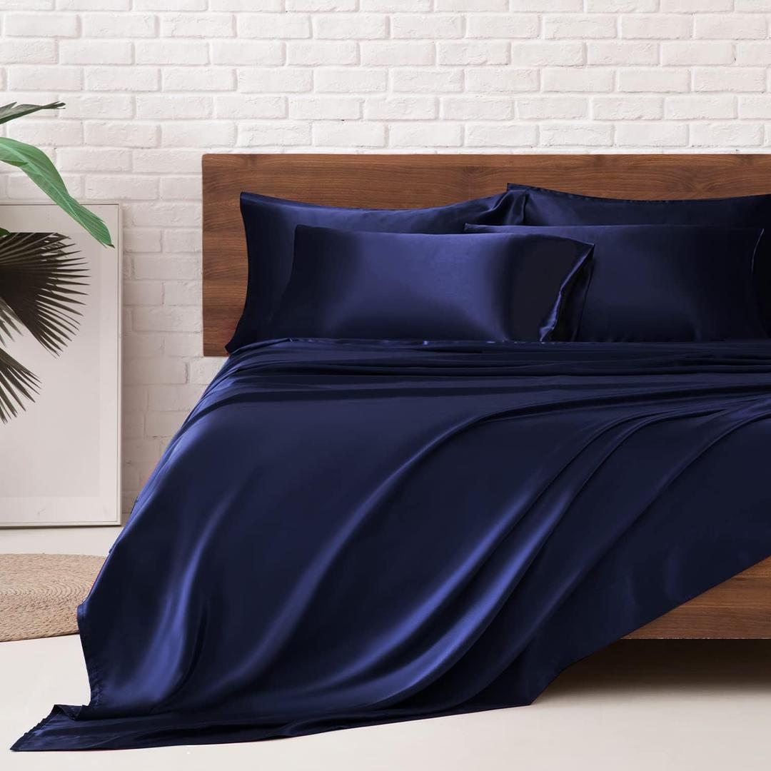 MR&HM Satin Bed Sheets, Queen Size Sheets Set, 6 Pcs Silky Bedding Set with 15 Inches Deep Pocket for Mattress(Queen, Navy Blue)