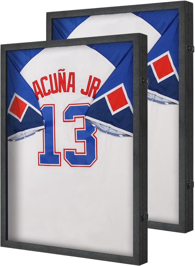 Jersey Frame Display Case 2 Pack- Large Sports Jersey Display Case, Wall Mount Lockable Flat Jersey Shadow Box with 98% UV Protection for Football, Baseball, Basketball, Hockey, Soccer, Black