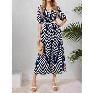 Women's V Neck Half Sleeve Chevron Print Maxi Dress 2026 A Line Casual Summer Beach Vacation Sundress (Blue, Large)