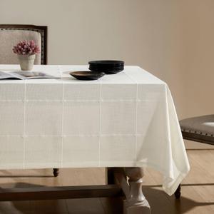 ZeeMart Grid Embroidered Hemmed Tablecloths, Off White 52x52 Inch, Farmhouse Style Heavy Weight Cotton Linen White Tablecloths, Boho Plaid Water Resistant Square Table Cloth