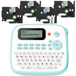 Vixic Label Maker, D210S Label Maker Machine with 4 Laminated Tapes, 12mm Labeler Labelmaker with Waterproof-Labels & QWERTY Keyboard, Print Different Fonts Frame for Home Office Kids School Items