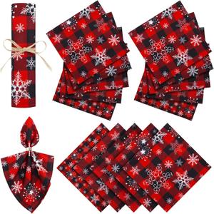 Tudomro Set of 12 Christmas Cloth Napkins 20 x 20 Inch Buffalo Plaid Snowflake Napkins Reusable Washable Red and Black Napkins Dinner Napkin for Table Dinner Holiday Xmas Decor