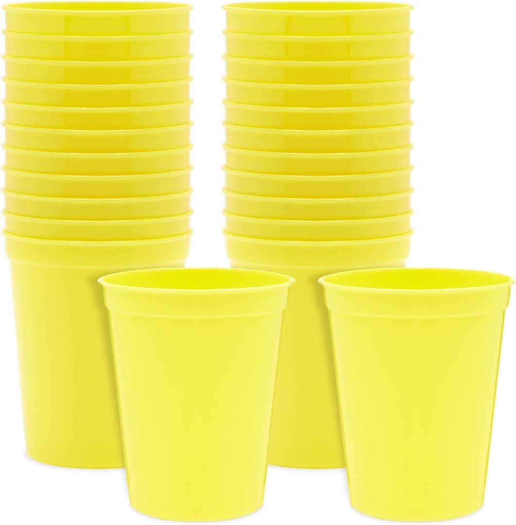 BLUE PANDA 25 Pack Yellow Plastic Stadium Cups - 16 oz Bulk Yellow Reusable Plastic Cups for All Occasions & Celebrations