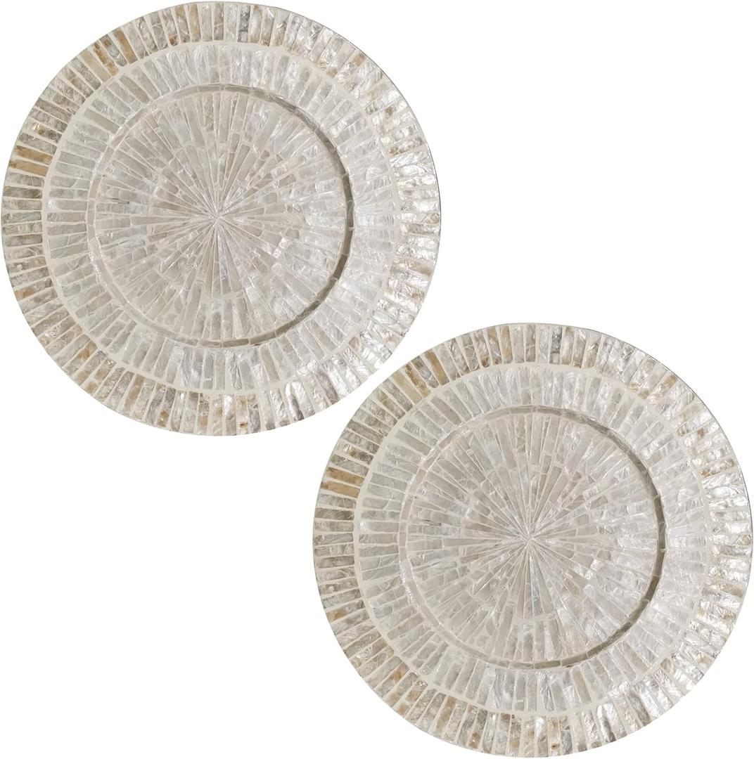 i-lan 13Inch 2 Pack Mother Of Pearl Decorative Plates for Display, Sea Shell Inlay Wood Charger Plates for Dining, Party, Modern and Rustic Decoration Placemats for Dinner Plates,Champagne Gold