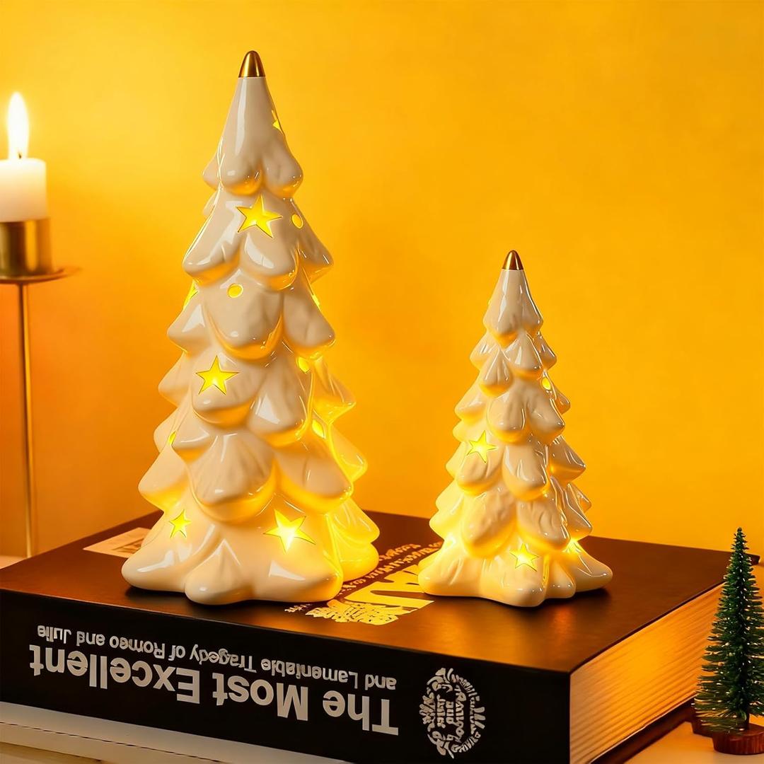 DN DECONATION Christmas Tree with Lights, Tabletop Xmas Trees with Star-Cutouts Leaves, 2Pcs White Prelit Ceramic Christmas Tree Figurines Holiday Centerpieces for Mantel & Shelves Decor (Set of 2)