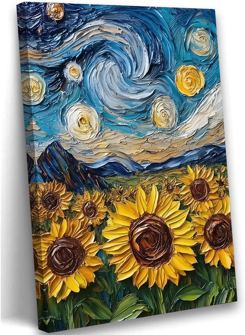 2D No Texture Sunflower Canvas Wall Art, Starry Night Sunflower Painting, Blue Starry Wall Decor, Yellow Flower Picture for Wall Living Room Bathroom Bedroom Home Decoration 12*18 in (Stretched Canvas on A Wooden Frame)