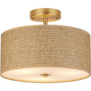13" Woven Rattan Boho Ceiling Light Fixture, 3-Light Modern Semi Flush Mount Lamp with Drum Fabric Shade, Rustic Brown Lighting for Bedroom, Dining Room, Living Room, Hallway, Entryway