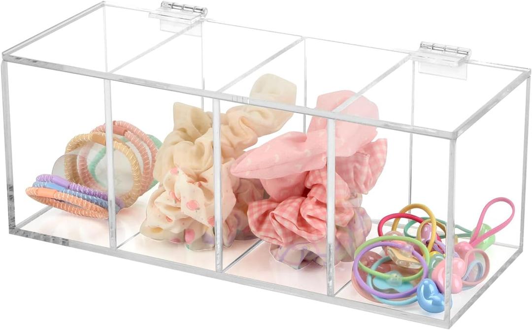 Hair Accessories Organizer for Girl, Acrylic Hair Tie Organizer Scrunchie Holder with Divider for Headband, Hair Clip, Cotton Swab, Cosmetic Cotton, Storage Box with Lid for Jewelry