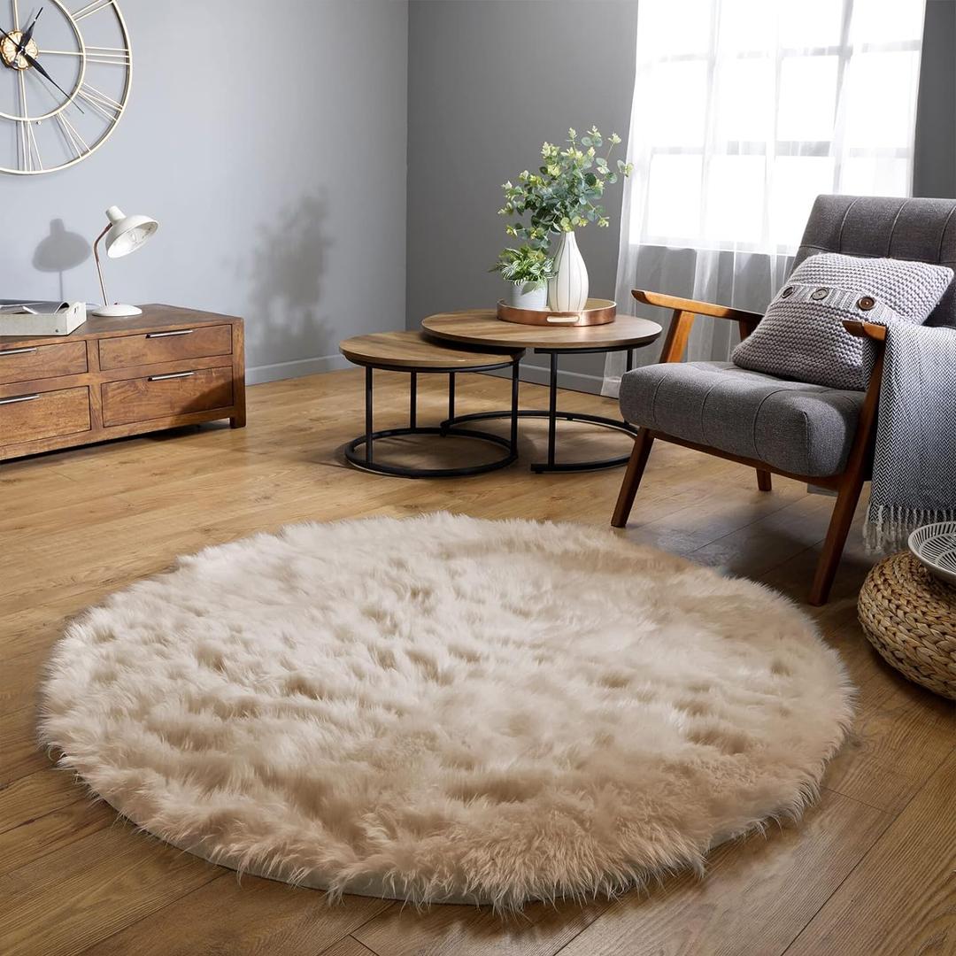 Latepis Light Brown Beige Round Area Rugs 5ft Faux Fur Rug Fuzzy Rugs for Bedroom Washable Shag Rug for Living Room Floor Rug Plush Rug Room Dcor (5 x 5 ft Round)
