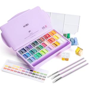 HIMI Twin Cup Jelly Gouache Paint Set with 3 Paint Brushes, 36 Colors 12g, Jelly Cup Design, Non Toxic Paint for Canvas and Paper, Art Supplies for Professionals (Purple Case)