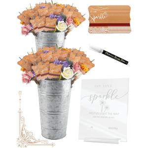 100+4 PCS Wedding Sparkle Tag & Holder Set, “Let Love Sparkle” Send-Off Card, Acrylic Sign & Marker Pen with 2 Galvanized Buckets, Table Decor for Anniversary Bridal Shower Exit