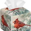 Tissue Box Cover, Winter Christmas Cardinal Bird Pu Leather Square Tissue Box Cover Case Organizer Cube Box Holder for Bathroom Vanity Countertop, Night Stands, Office Desk & Car 5.2X5.2X5.2'' (Color13)