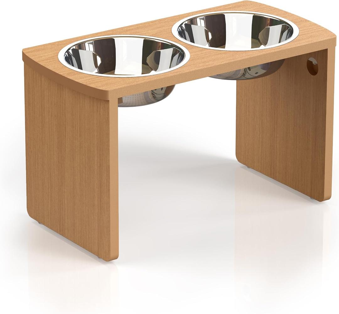 Elevated Dog Bowls, Waterproof Raised Dog Bowl for Medium & Large Dogs, HIPS Poly Lumber Stand with 2 Stainless Steel Bowls (HIPS Poly Lumber, Teak-Color)
