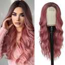 Long Wavy Pink Wig for Women 26 inch Curly Middle Part Ombre Hair Wig Natural Looking Upgraded Synthetic Protein Fiber Natural Looking Wig Cosplay Costume Wig(26'' Ombre Pink)