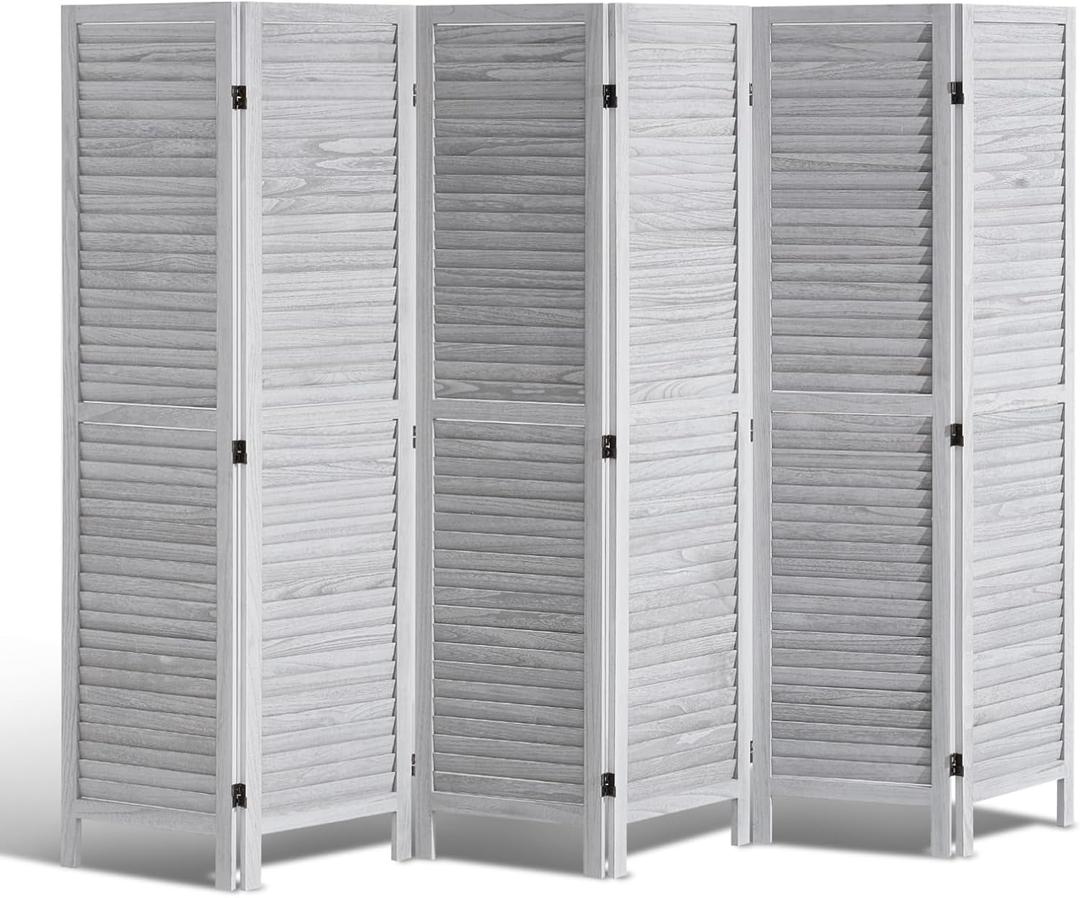 VEVOR Wood Room Divider, 6 Panel Wood Folding Privacy Screen, 66.9 Inches Tall Indoor Louvered Wooden Partition, Portable Decoration Screen, for Room Separation, Home, Office, Restaurant & Bedroom (Light Grey)