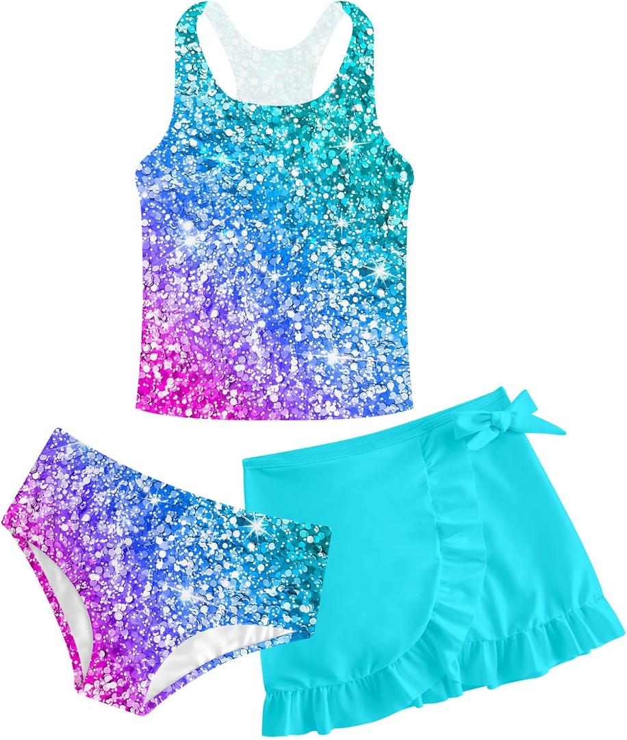 Cutemile Girls Bathing Suit Size 6 Two Piece Swimsuits Blue Unicorn Swimwear Set with Sun Hat UPF 50+ Rash Guard for Hawaiian Vacation 5-6 Years