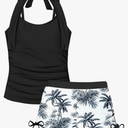 Girls Swimsuit 2 Piece Halterneck Girls Tankini Swimsuit Drawstring Printed Swim Shorts Girl Bathing Suit for 13-14 Y