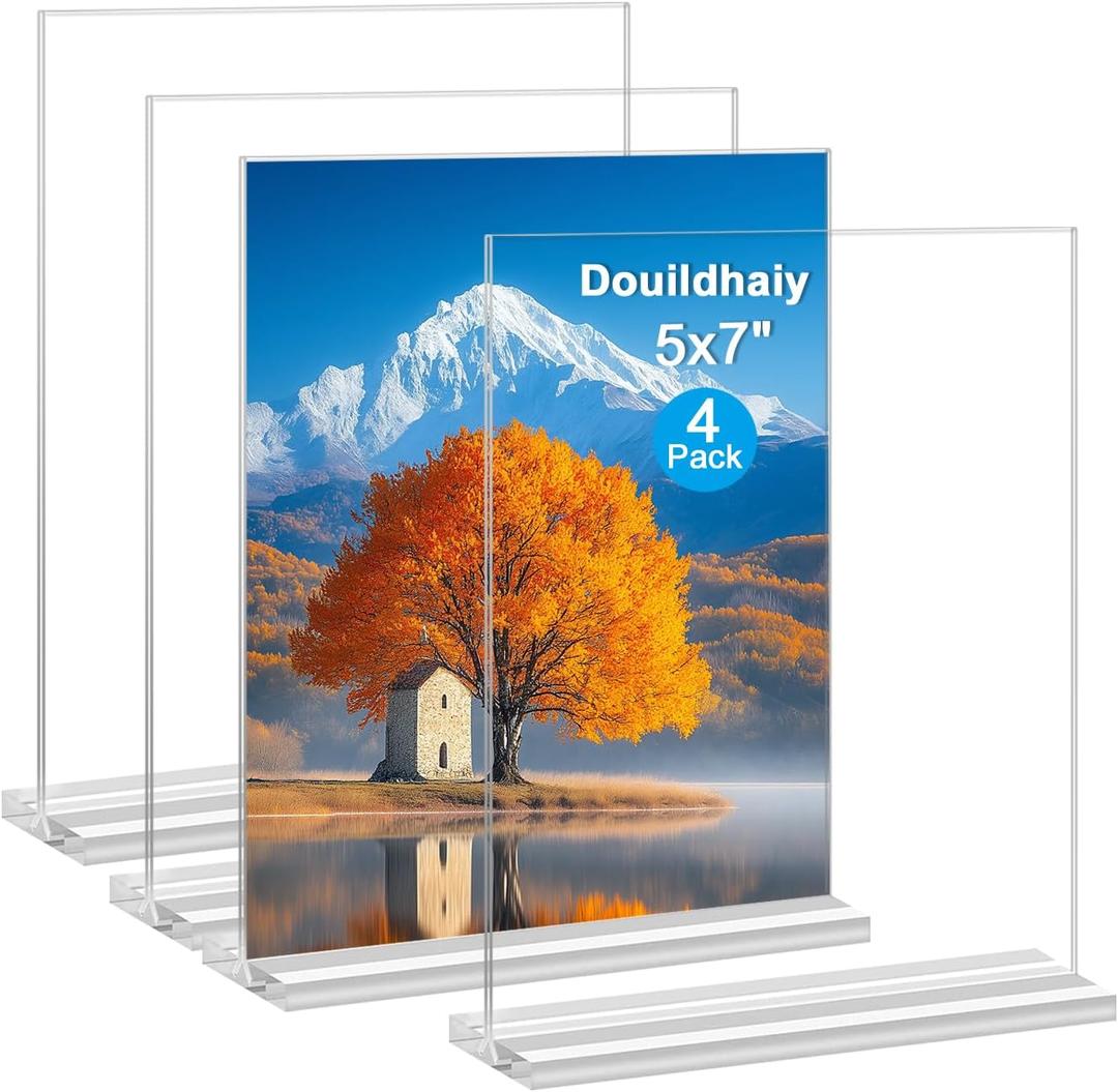 Douildhaiy Acrylic Picture Frame 5x7 inches, 4 Pack Clear Plastic Picture Frames Holder Standing,Double Sided Picture Desktop Display for Photo Home Office -Vertical