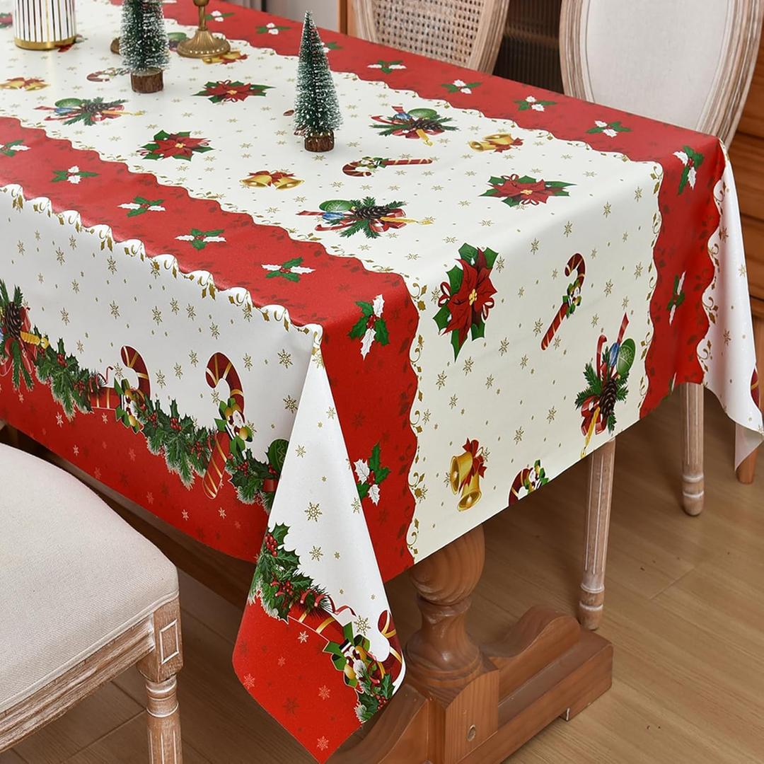 Christmas Tablecloth Heavy Duty Vinyl Red 54x84 inch Square Christmas Table Cloth Reusable Waterproof Foldable Plastic Tablecloths PVC Xmas Table Cover for New Year Party Decor