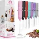 Powerful Milk Frother Handheld Foam Maker, Mini Whisk Drink Mixer for Coffee, Cappuccino, Latte, Matcha, Hot Chocolate, With Stand, Pink