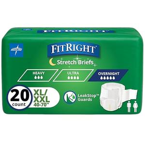 FitRight Extended Wear Stretch Brief, Overnight Absorbency, Size 2, 40 to 70" Waist, 20 Count