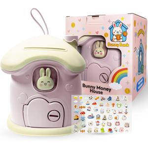 Bunny House Coin Bank for Kids - Durable Rabbit Piggy Bank with Handle & Lock - Cute Toddler Savings Jar for Girls & Boys - Kawaii Nursery Room Decor - First Money Box Gift - Pink